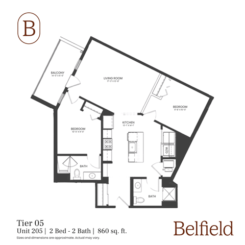 Floor plan for 2 beds, 2 baths, 860 sqft